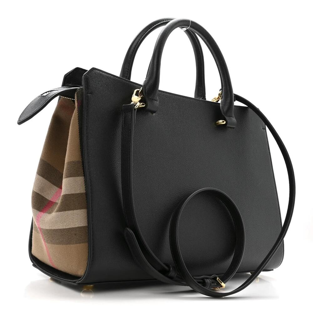 NWT BURBERRY BANWELL BLACK LEATHER CHECK CANVAS HOULDER TOTE BAG $ 1950 - Picture 5 of 13
